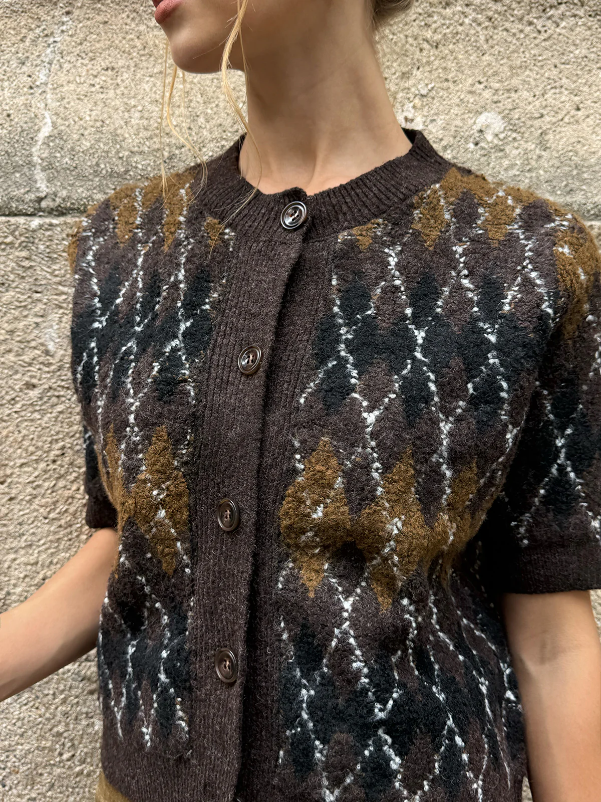 Argyle Pattern Short Sleeve Knit Cardigan - Image 3