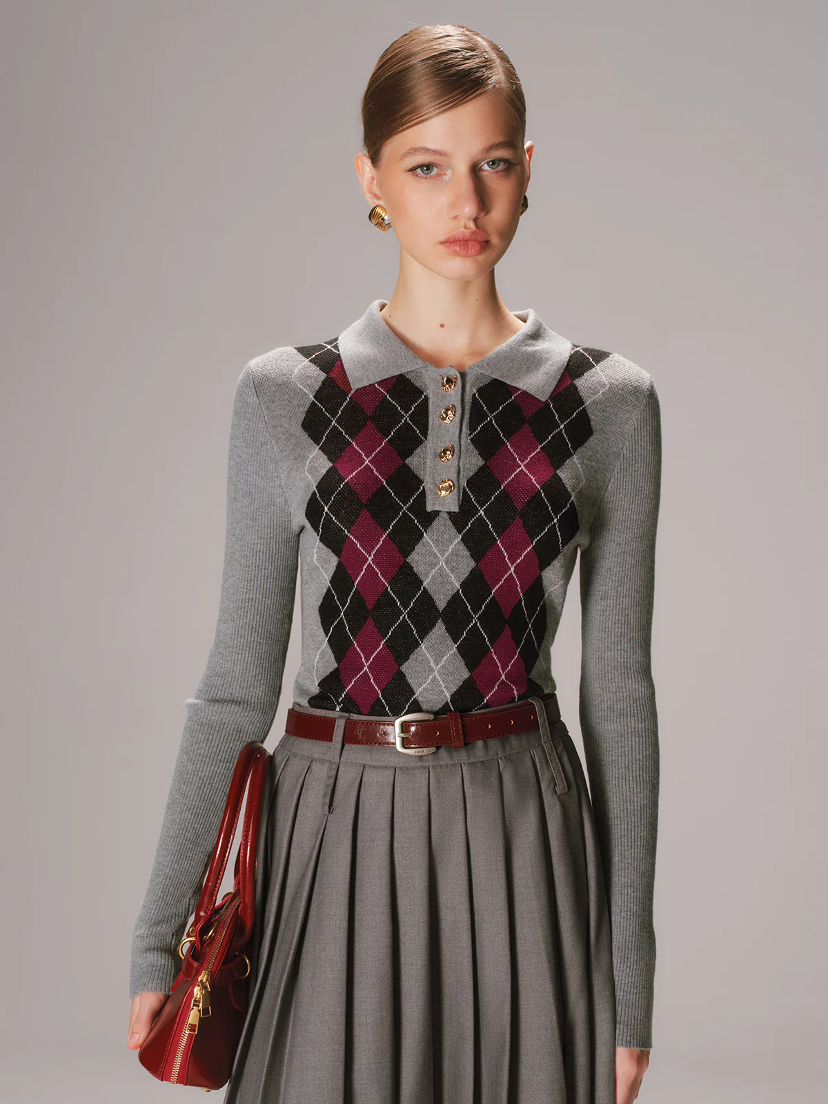 Argyle Wool-Blend Polo Knit Top - Image 3