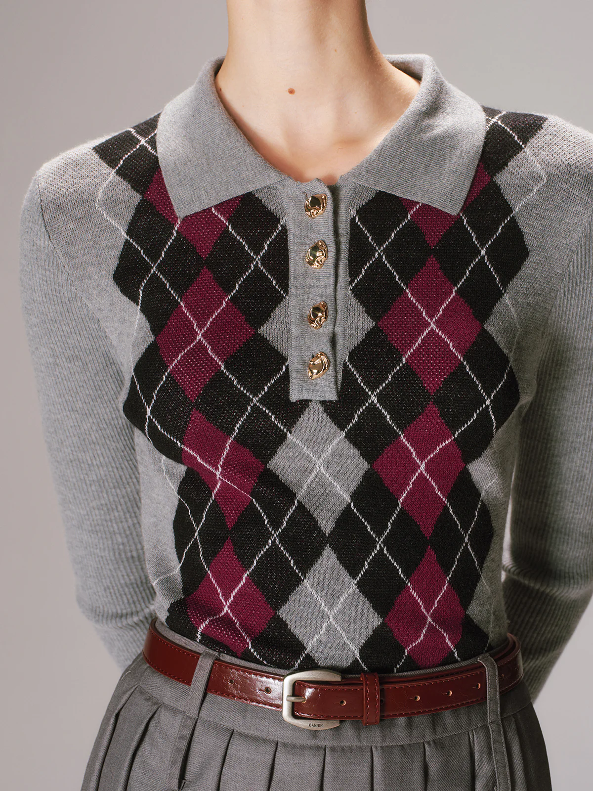 Argyle Wool-Blend Polo Knit Top - Image 4