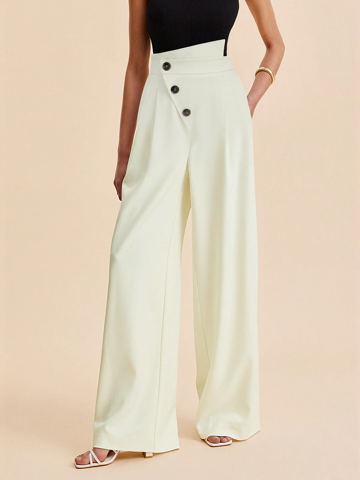 Asymmetric Button Mid-Waist Wide-Leg Pants - Image 2