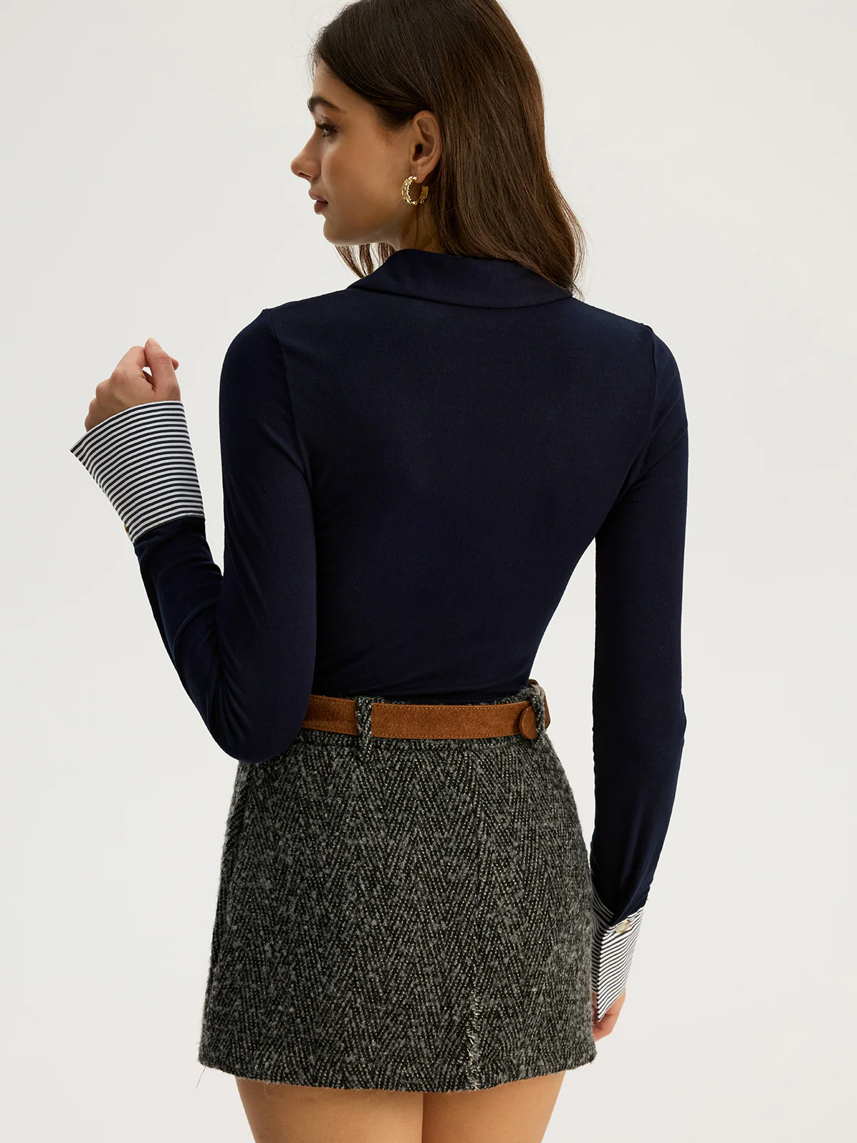 Asymmetric Button Striped Cuff Polo Top - Image 5