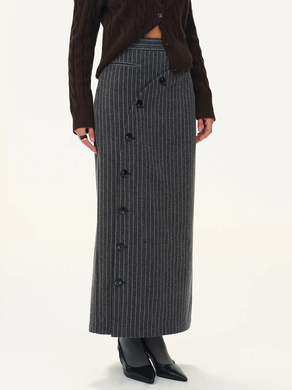 Asymmetric Button Striped Maxi Skirt - Image 5