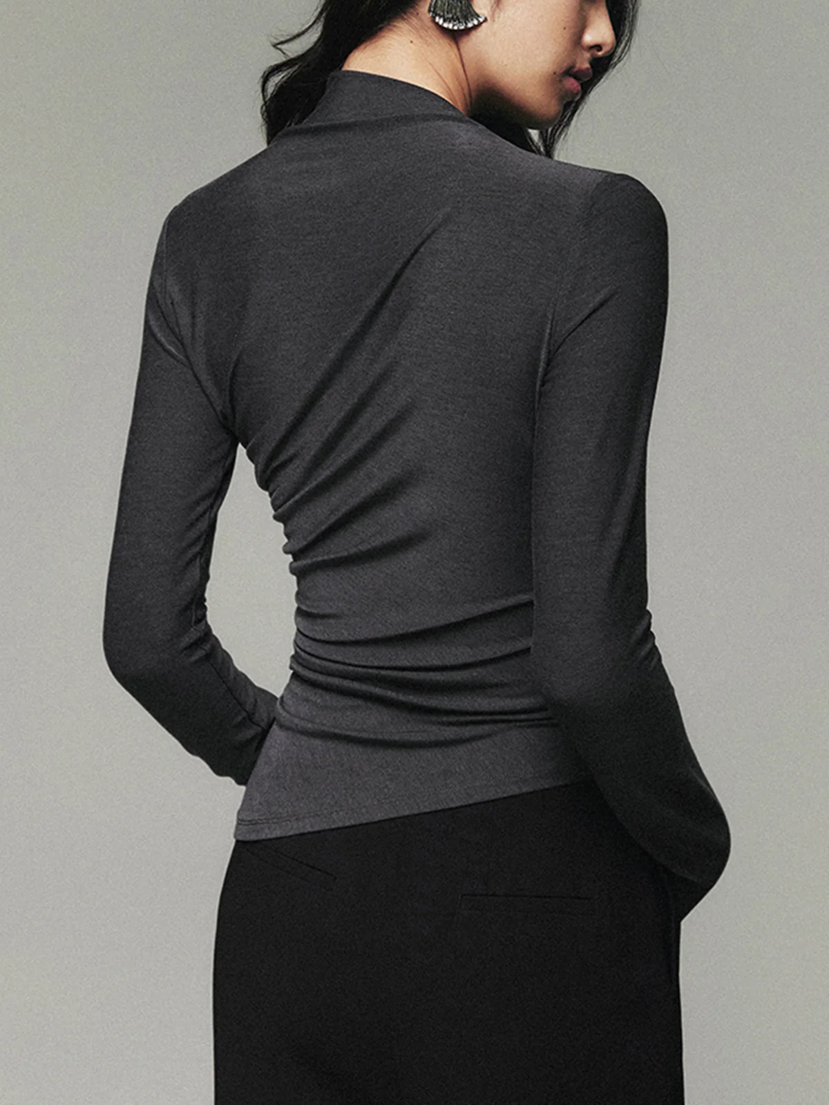 Asymmetric Collar Draped Long Sleeve Shirt - Image 4