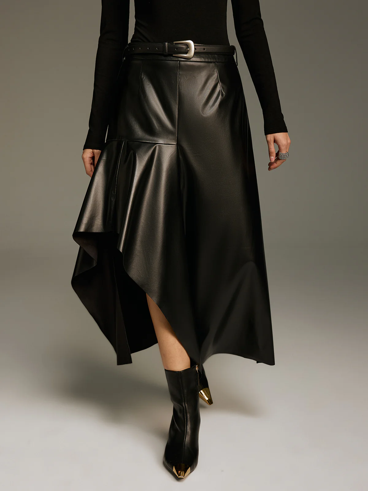 Asymmetric Faux Leather Skirt without Belt - Image 3