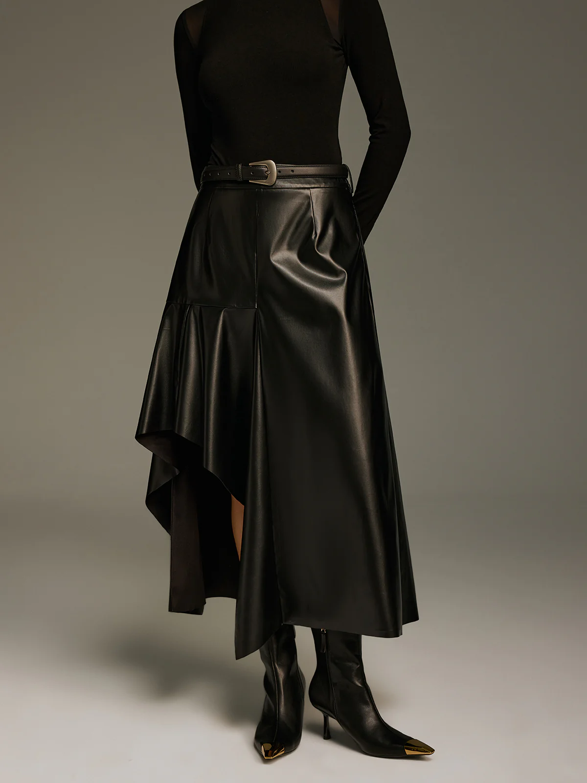 Asymmetric Faux Leather Skirt without Belt - Image 6