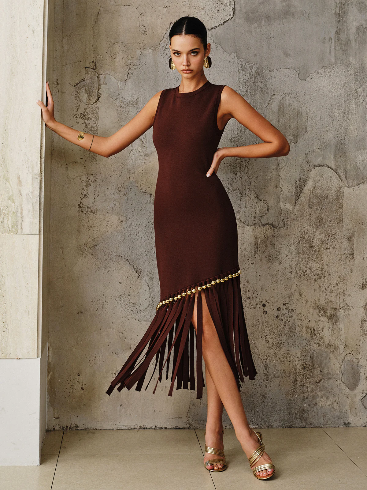 Asymmetric Fringe Metal Bead Detail Maxi Dress - Image 2
