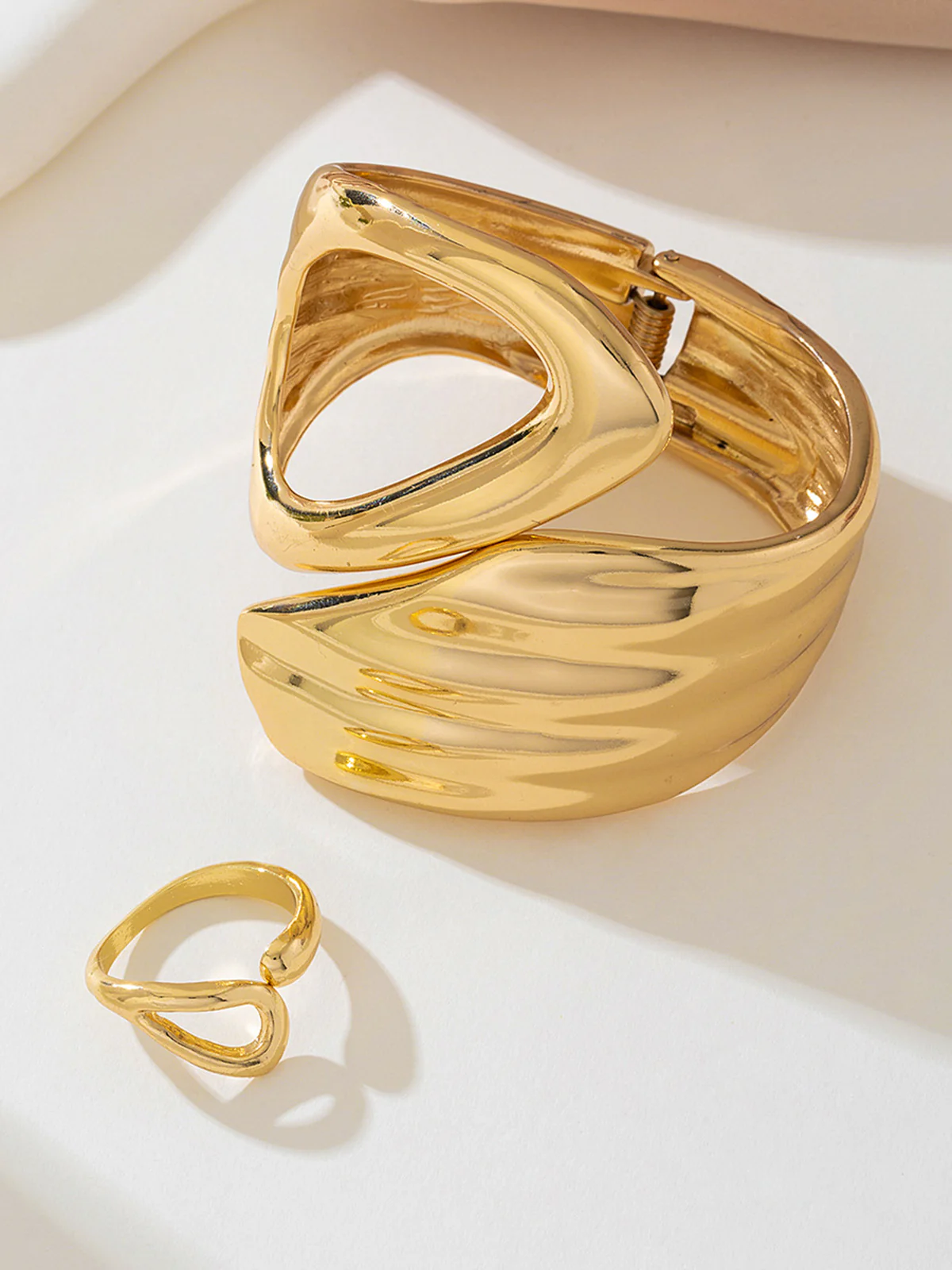 Asymmetric Gold Ring and Cuff Bracelet Set - Image 2