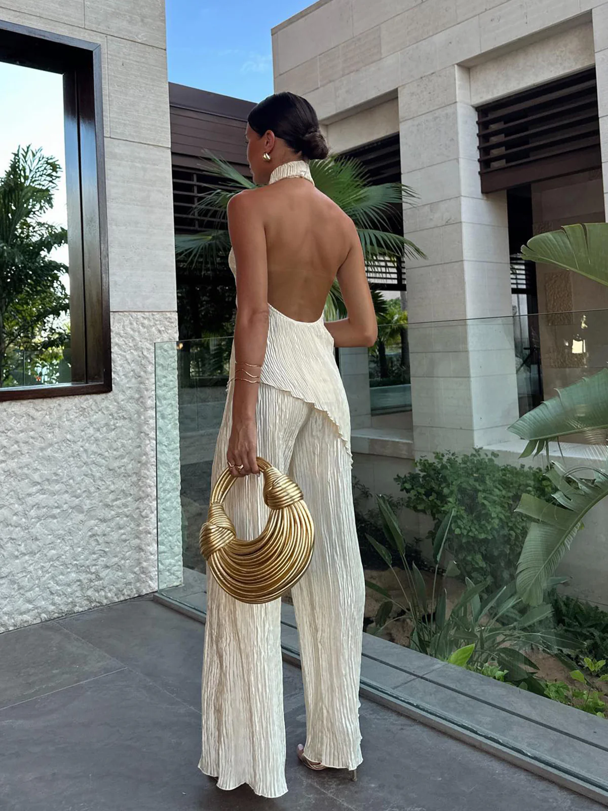 Asymmetric Halter Crop Top With Wide Leg Pants Set - Image 2