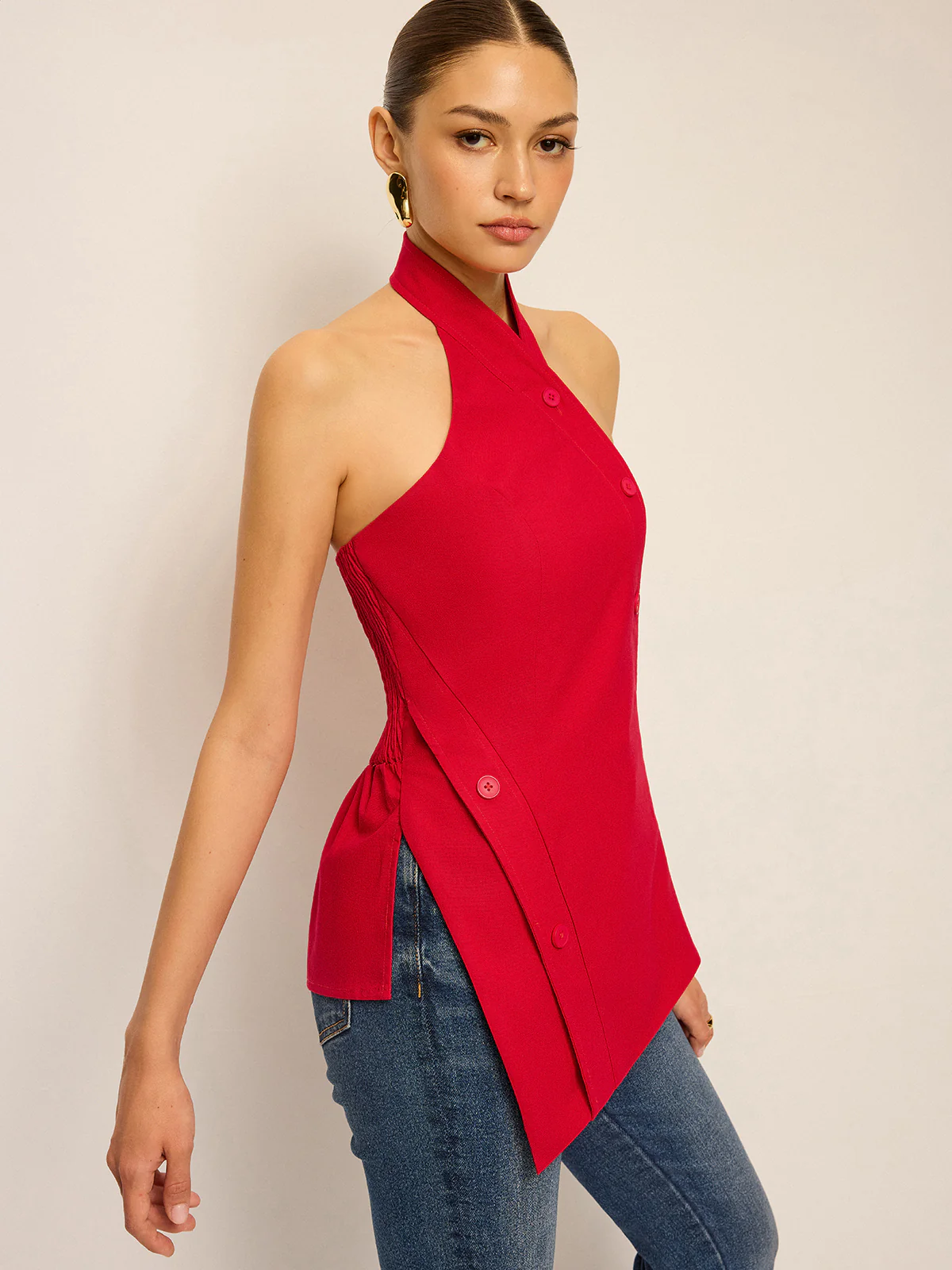 Asymmetric Halter Neck Button Top - Image 6