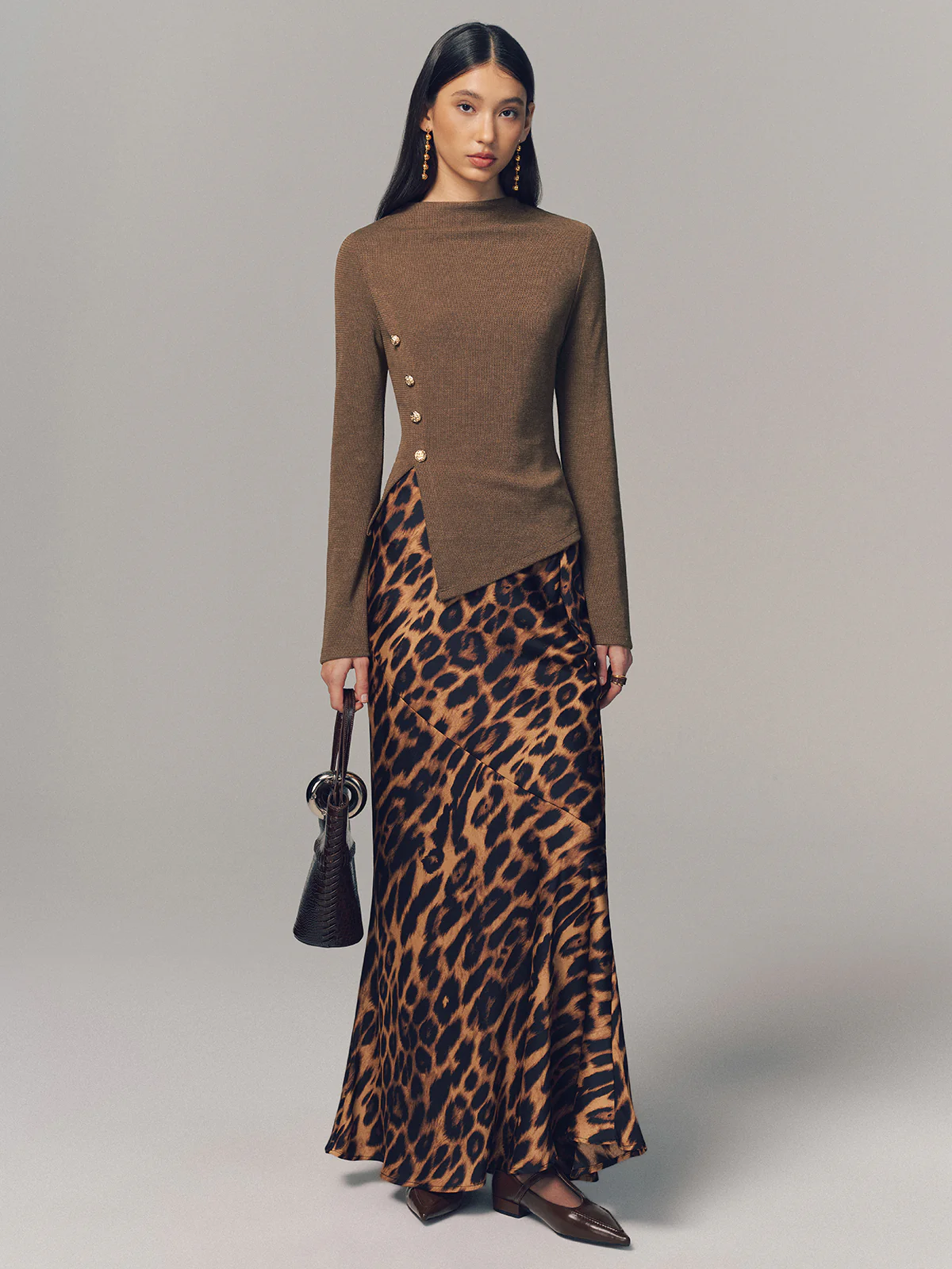 Asymmetric Hem Button Detail Long-Sleeve Top - Image 2
