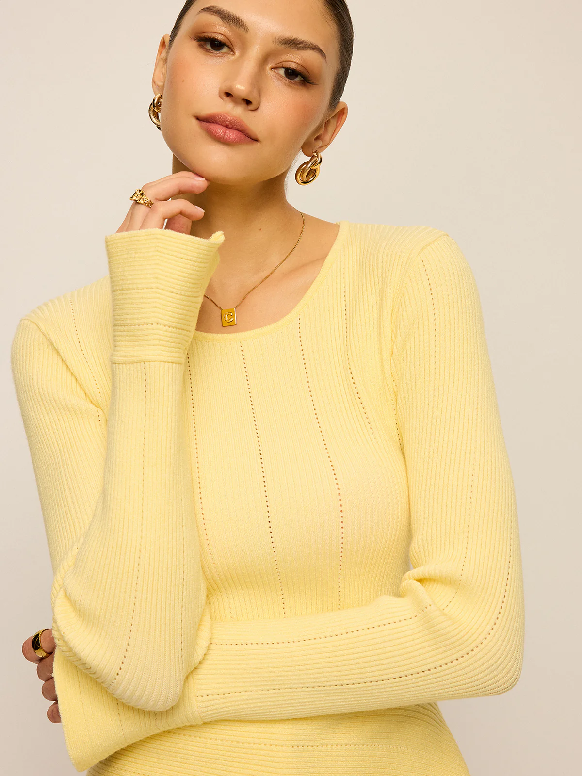Asymmetric Hem Flare Sleeve Eyelet Sweater - Image 2