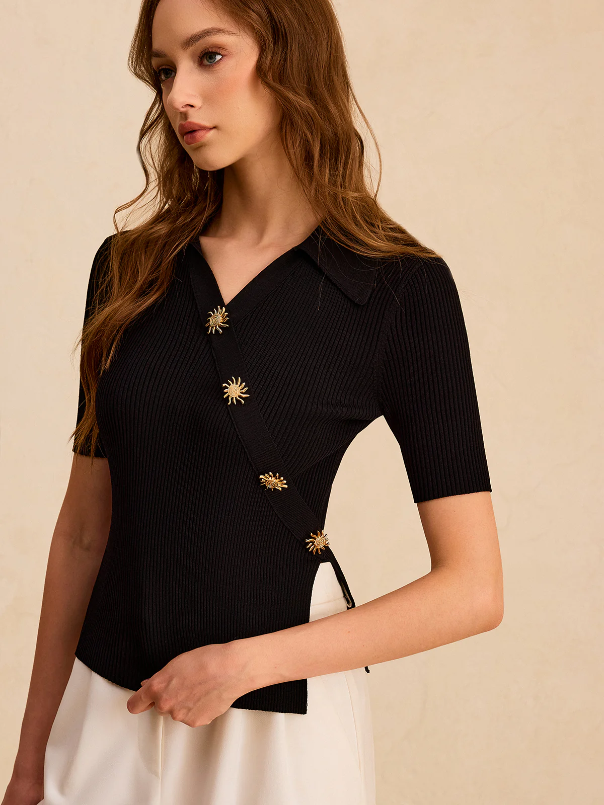 Asymmetric Metal Button Ribbed Knit Polo Top - Image 2