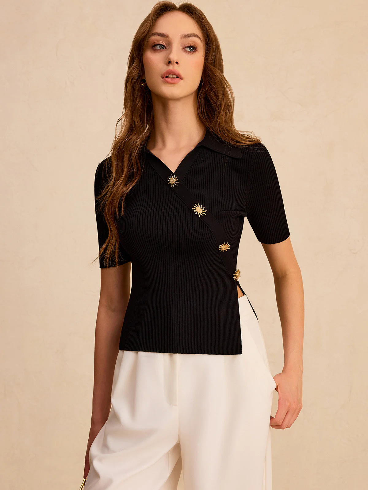 Asymmetric Metal Button Ribbed Knit Polo Top - Image 5