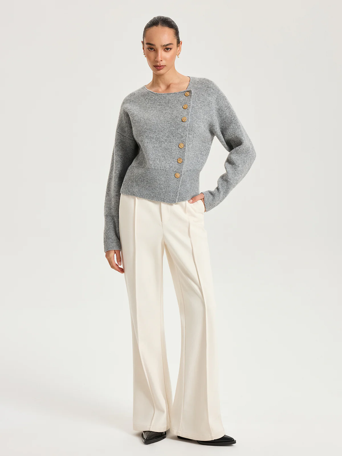 Asymmetric Metal Button Wool-Blend Cardigan - Image 3