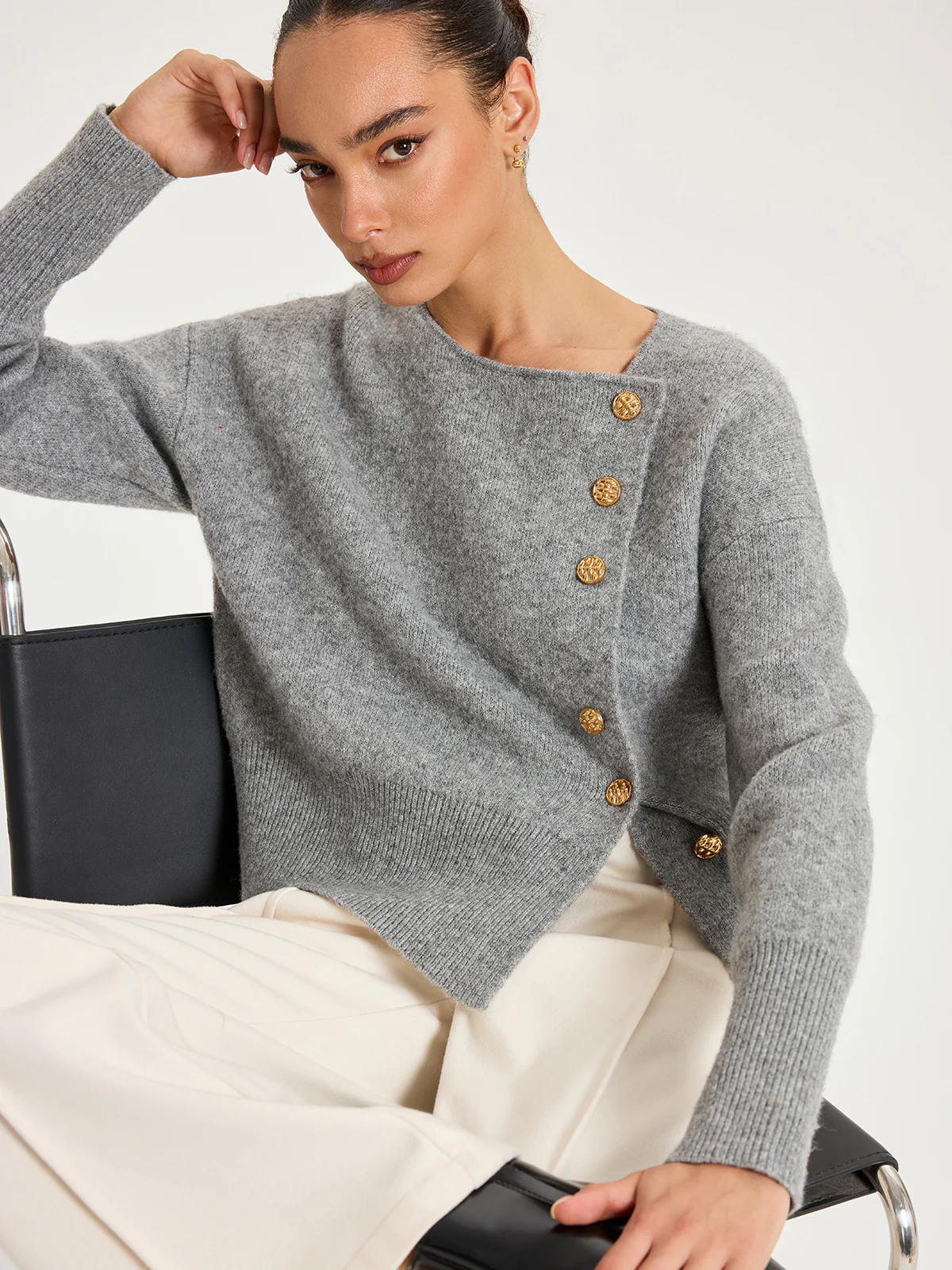 Asymmetric Metal Button Wool-Blend Cardigan - Image 5