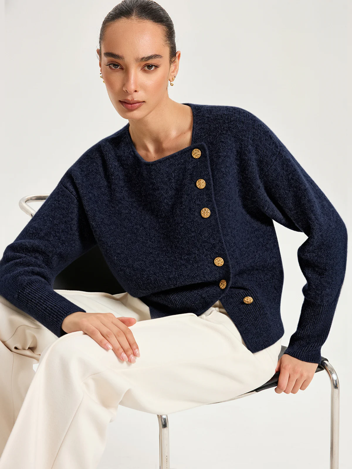 Asymmetric Metal Button Wool-Blend Cardigan - Image 7