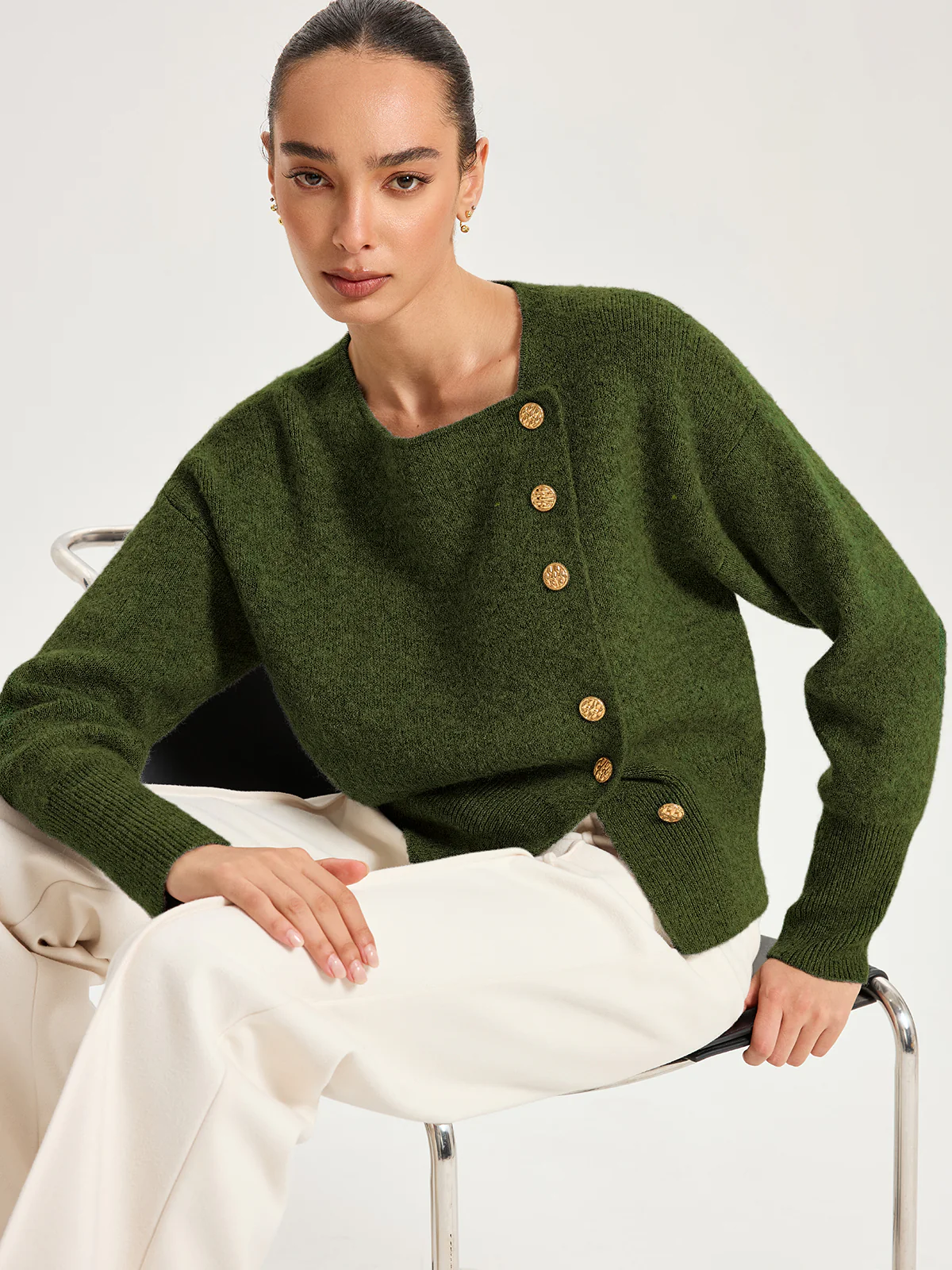 Asymmetric Metal Button Wool-Blend Cardigan - Image 8