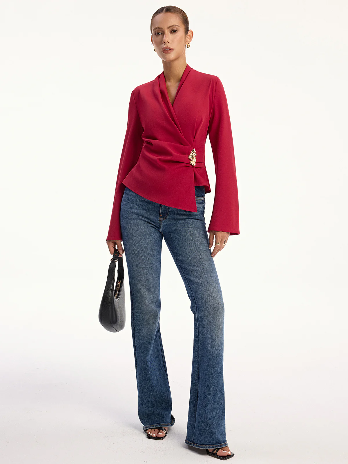 Asymmetric Metal Detail V-Neck Blouse - Image 2