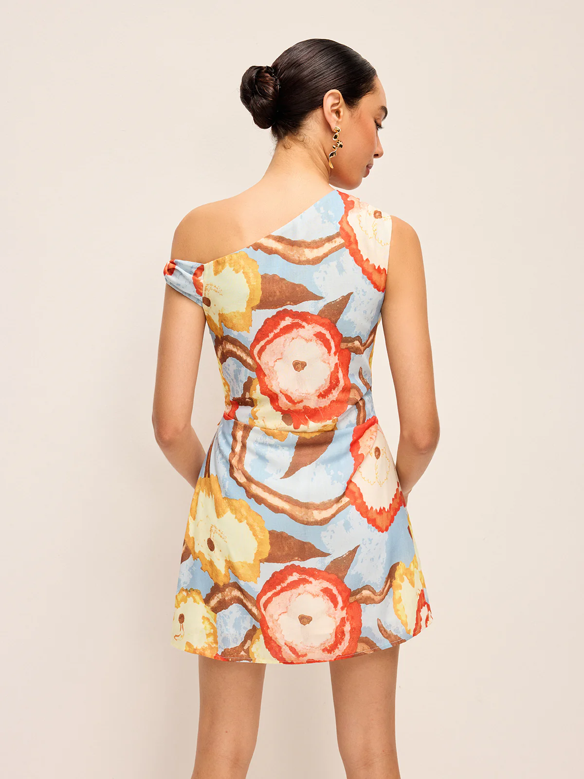 Asymmetric Neck Belted Print Dress - Image 6