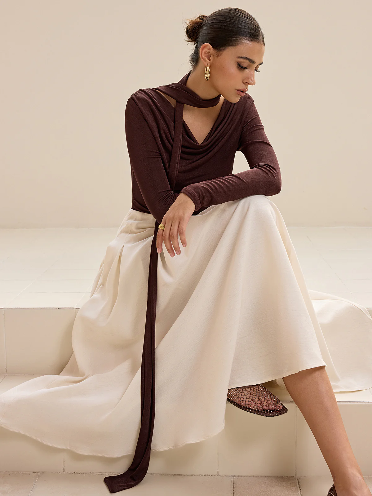 Asymmetric Neck Tie Detail Long-Sleeve T-Shirt - Image 2