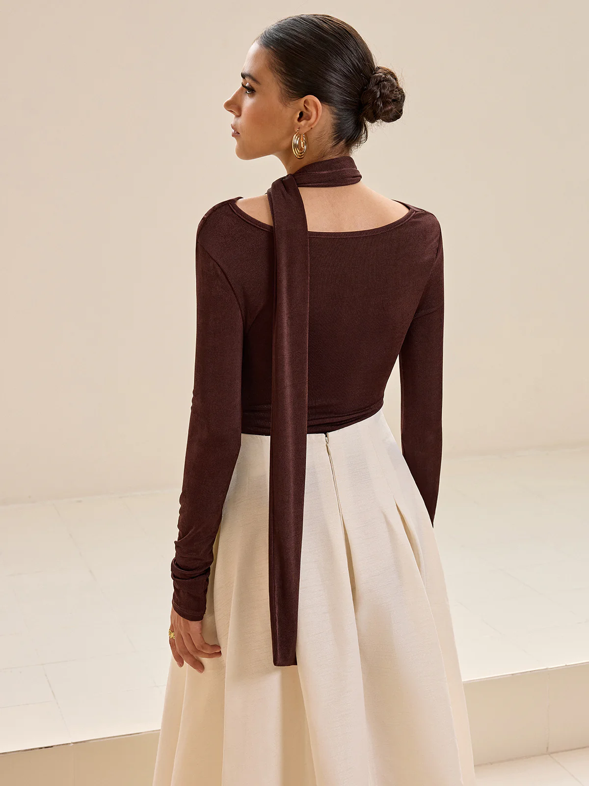 Asymmetric Neck Tie Detail Long-Sleeve T-Shirt - Image 3