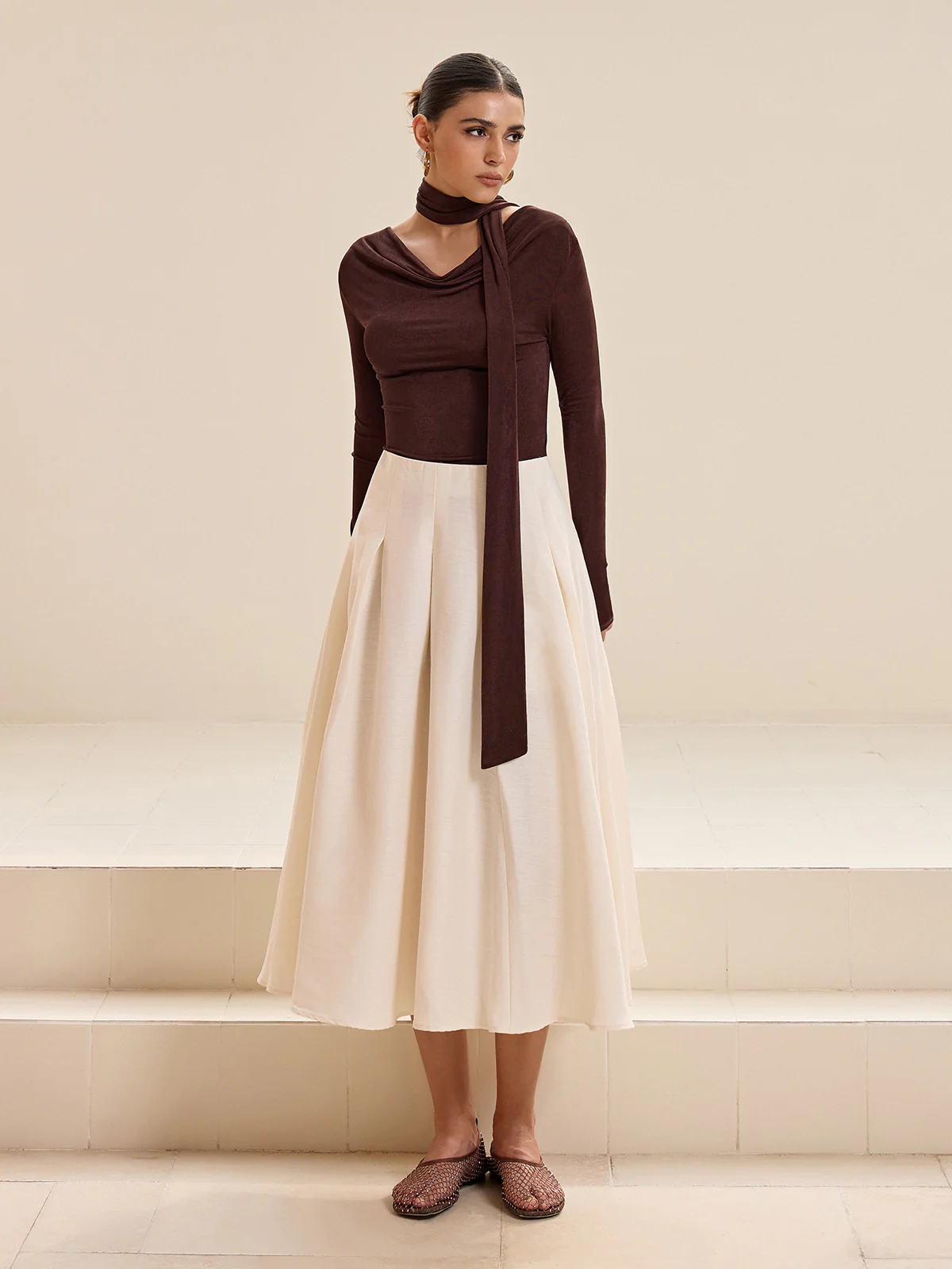 Asymmetric Neck Tie Detail Long-Sleeve T-Shirt - Image 4