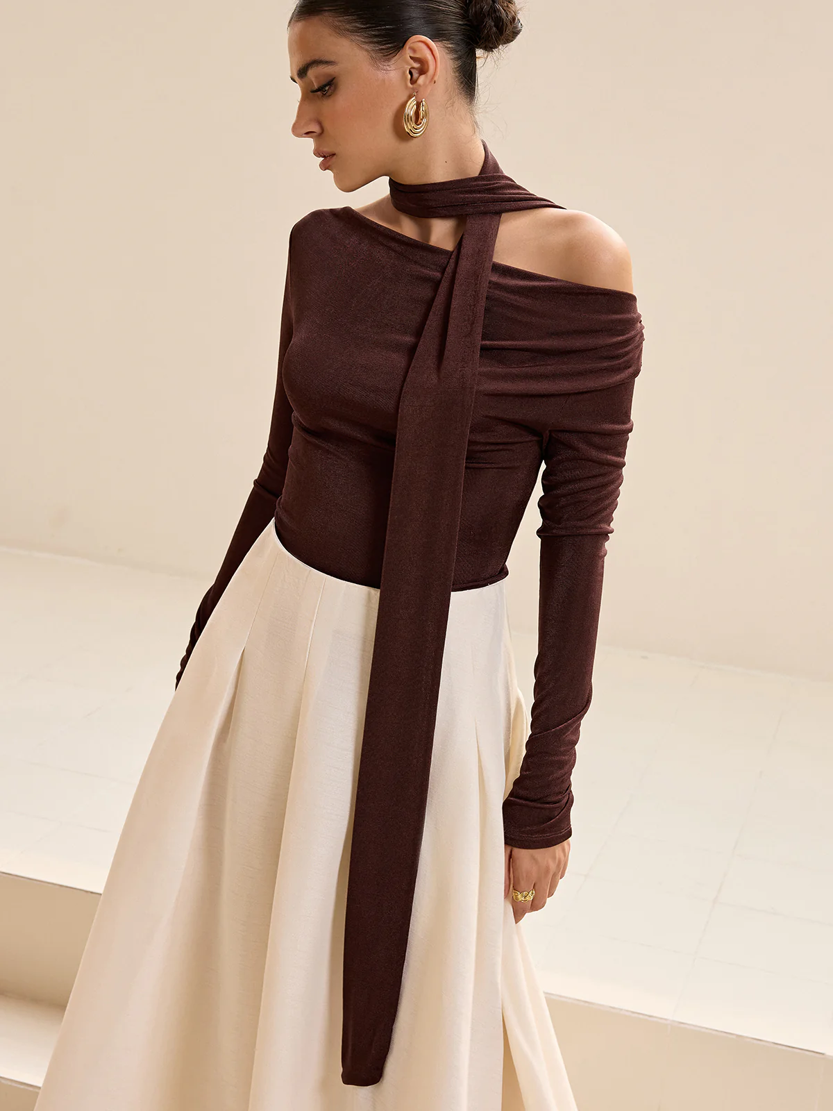 Asymmetric Neck Tie Detail Long-Sleeve T-Shirt - Image 5