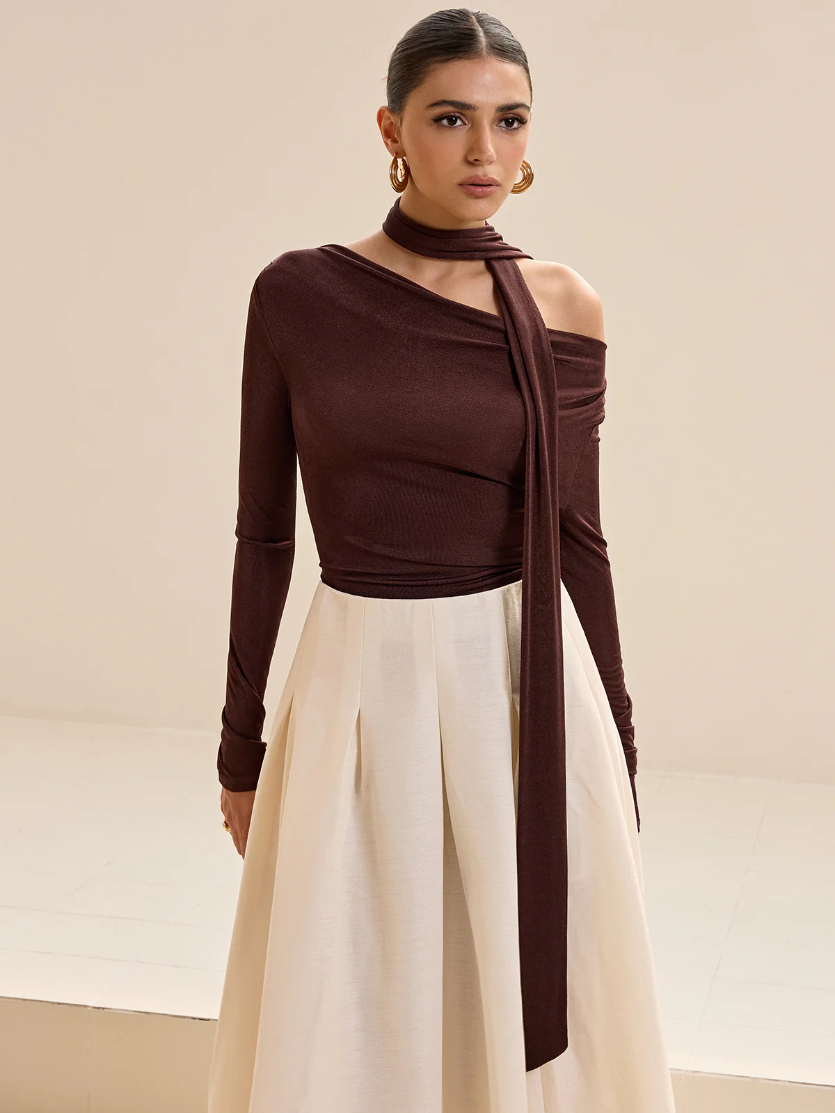Asymmetric Neck Tie Detail Long-Sleeve T-Shirt - Image 6