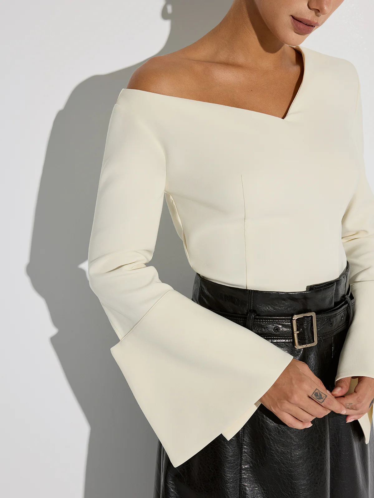 Asymmetric Off-Shoulder Bell-Sleeve Top - Image 2