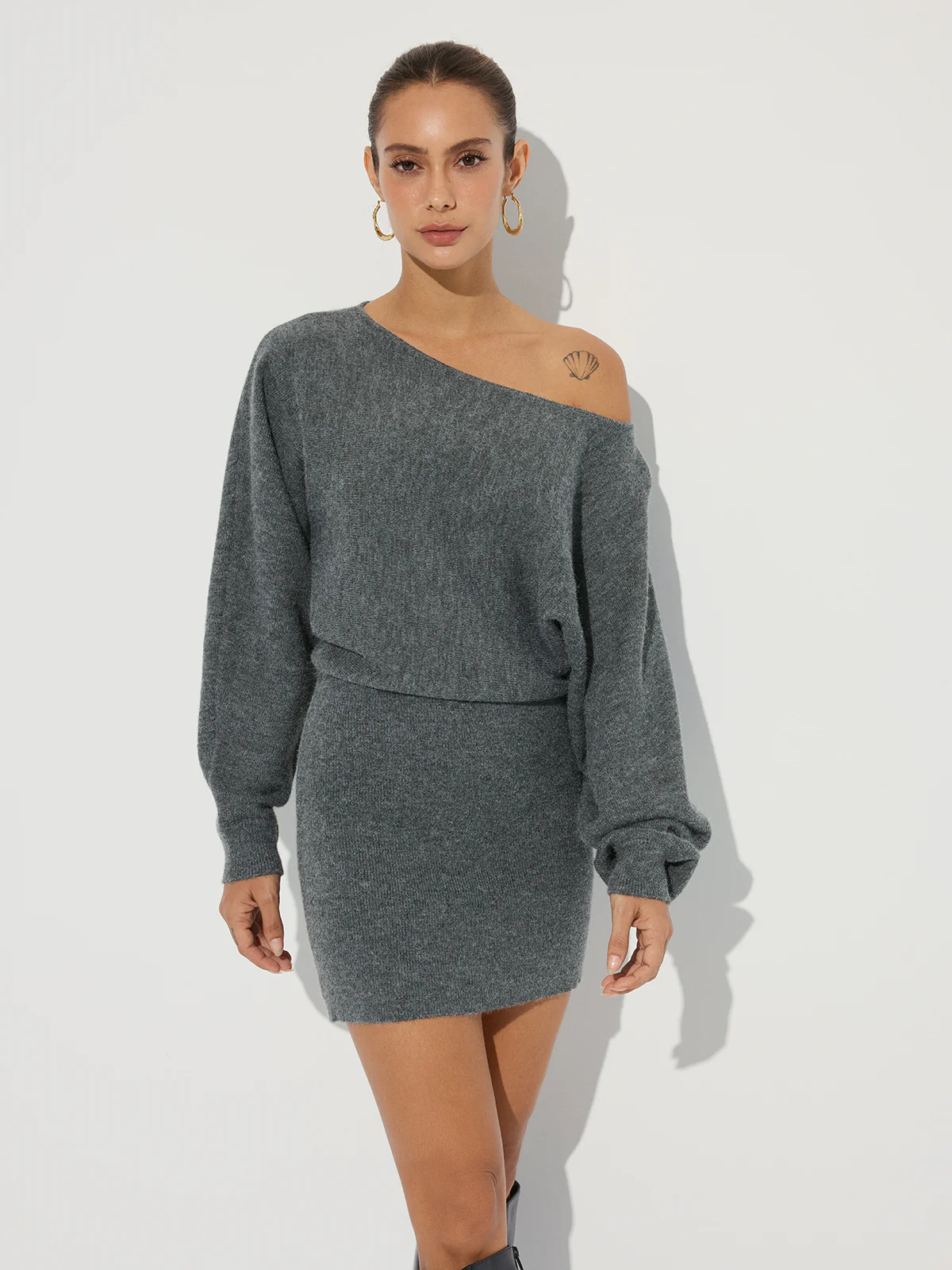 Asymmetric Off-Shoulder Knit Mini Dress - Image 2