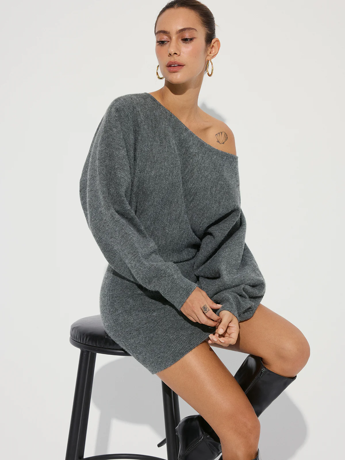 Asymmetric Off-Shoulder Knit Mini Dress - Image 5