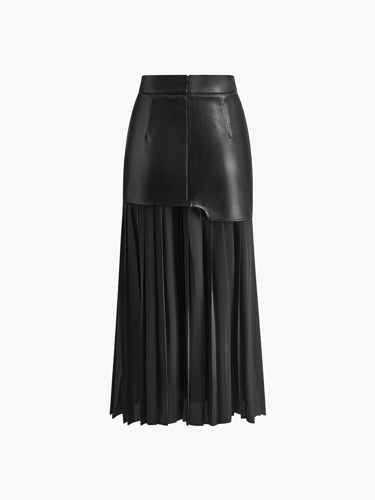 Asymmetric Patchwork Faux Leather Chiffon Pleated Maxi Skirt - Image 8