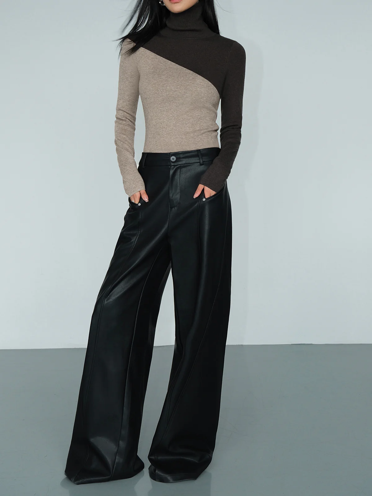Asymmetric Patchwork Long Sleeve Mock Neck Knit Top - Image 4