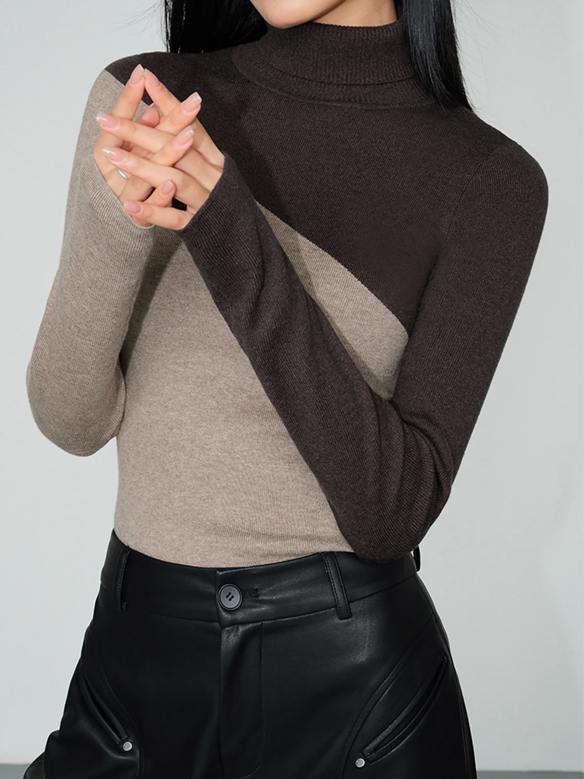 Asymmetric Patchwork Long Sleeve Mock Neck Knit Top - Image 5