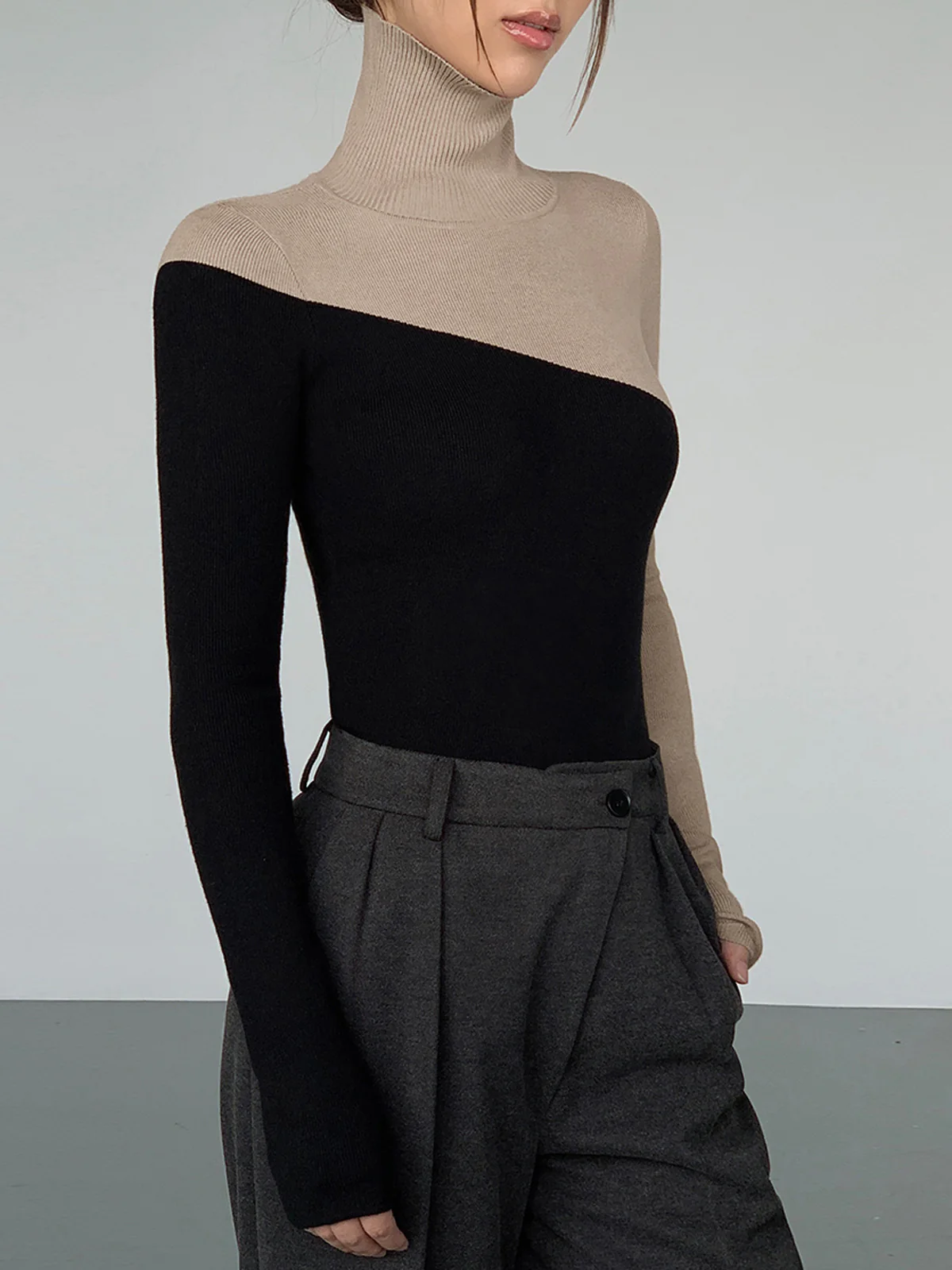 Asymmetric Patchwork Long Sleeve Mock Neck Knit Top - Image 7