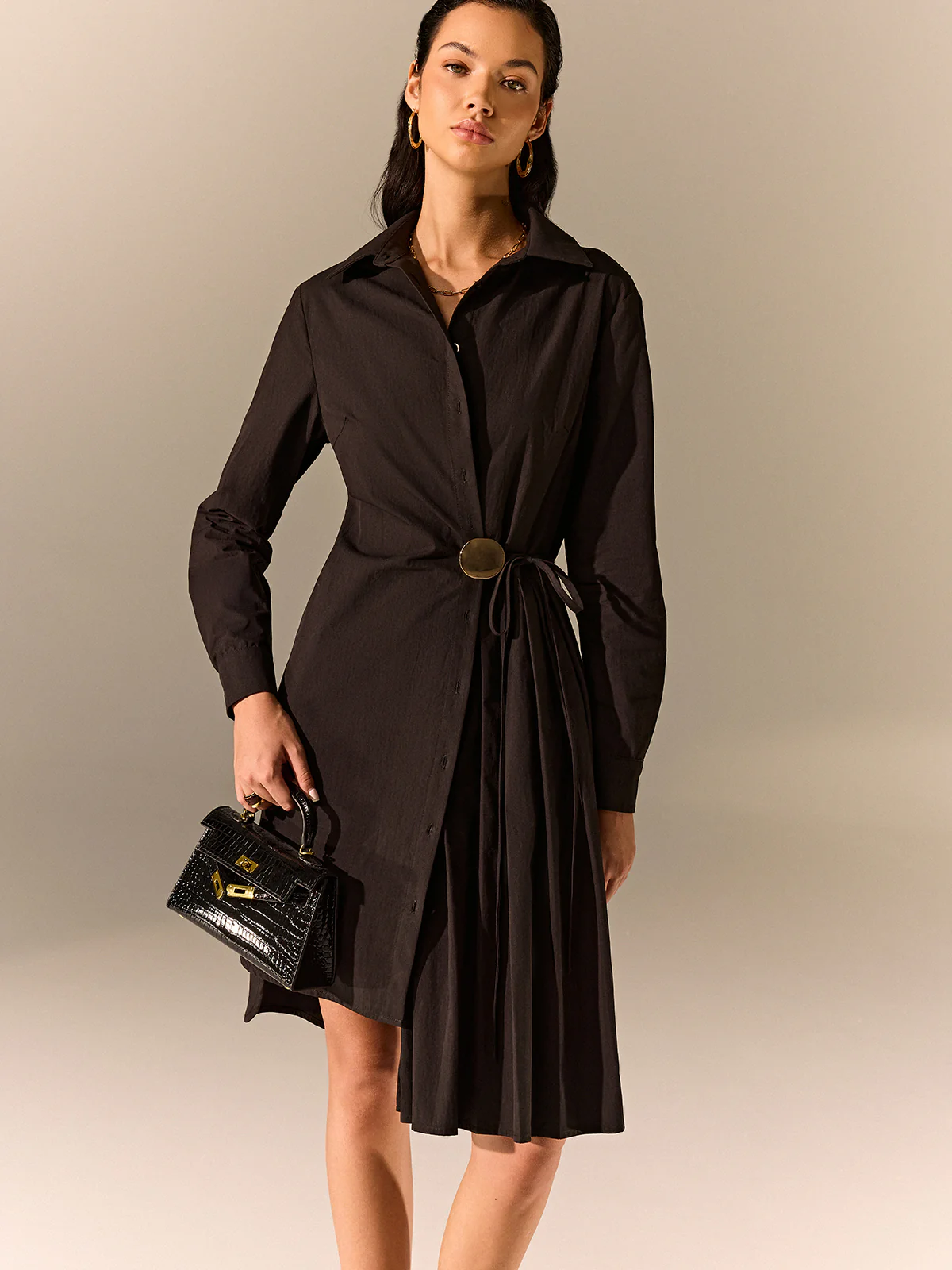 Asymmetric Pleated Hem Shirt Dress - Image 3