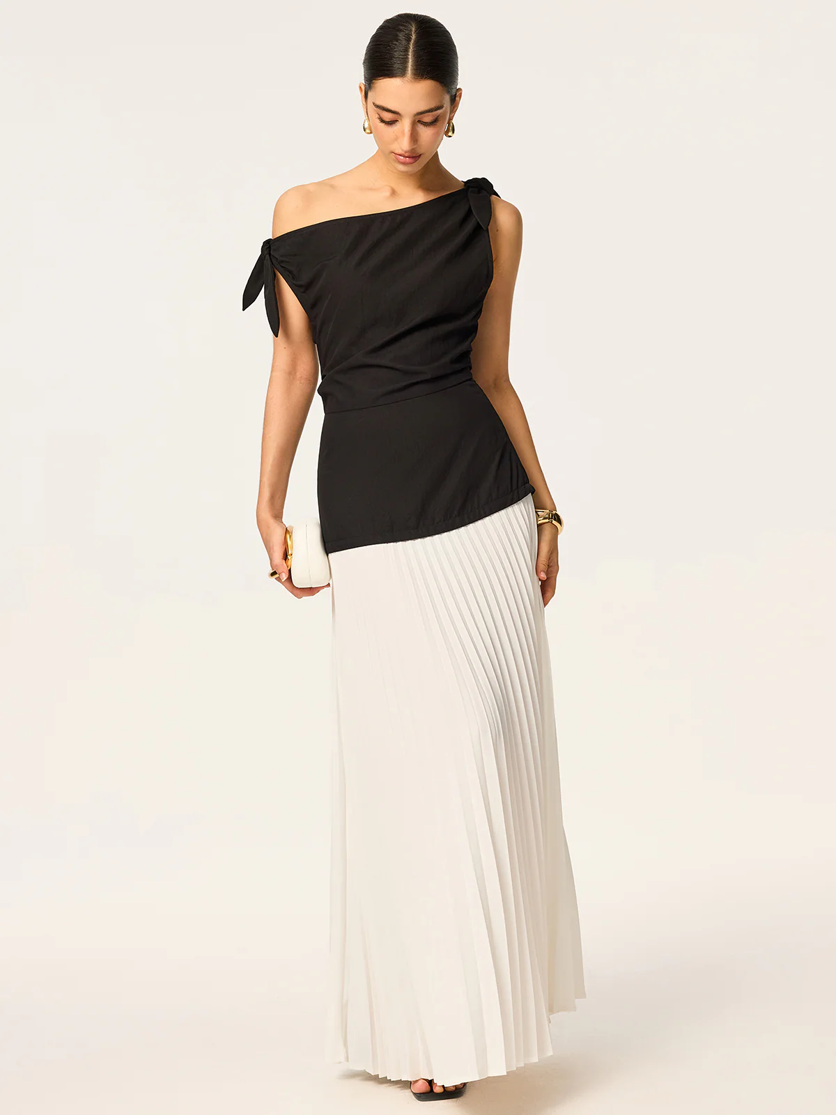 Asymmetric Pleated Maxi Dress with Bow Detail - Image 3