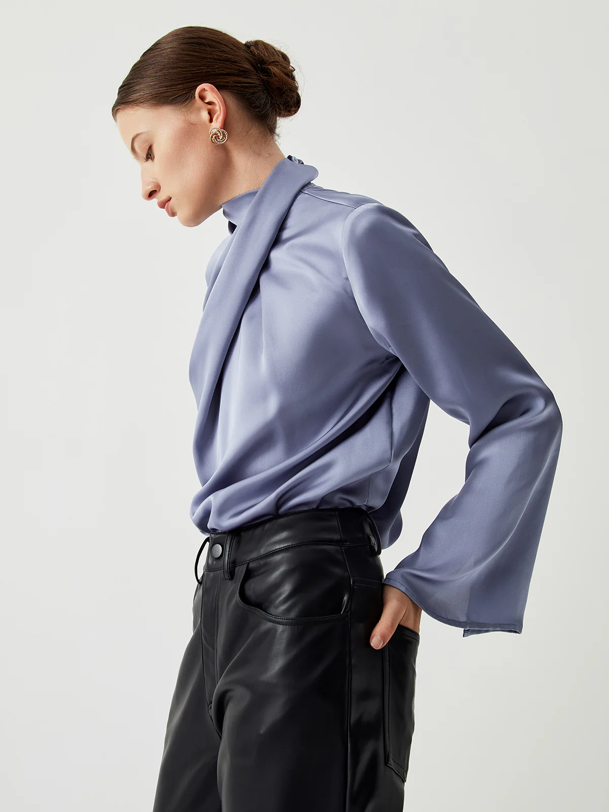 Asymmetric Pleated Turtleneck Satin Blouse - Image 2