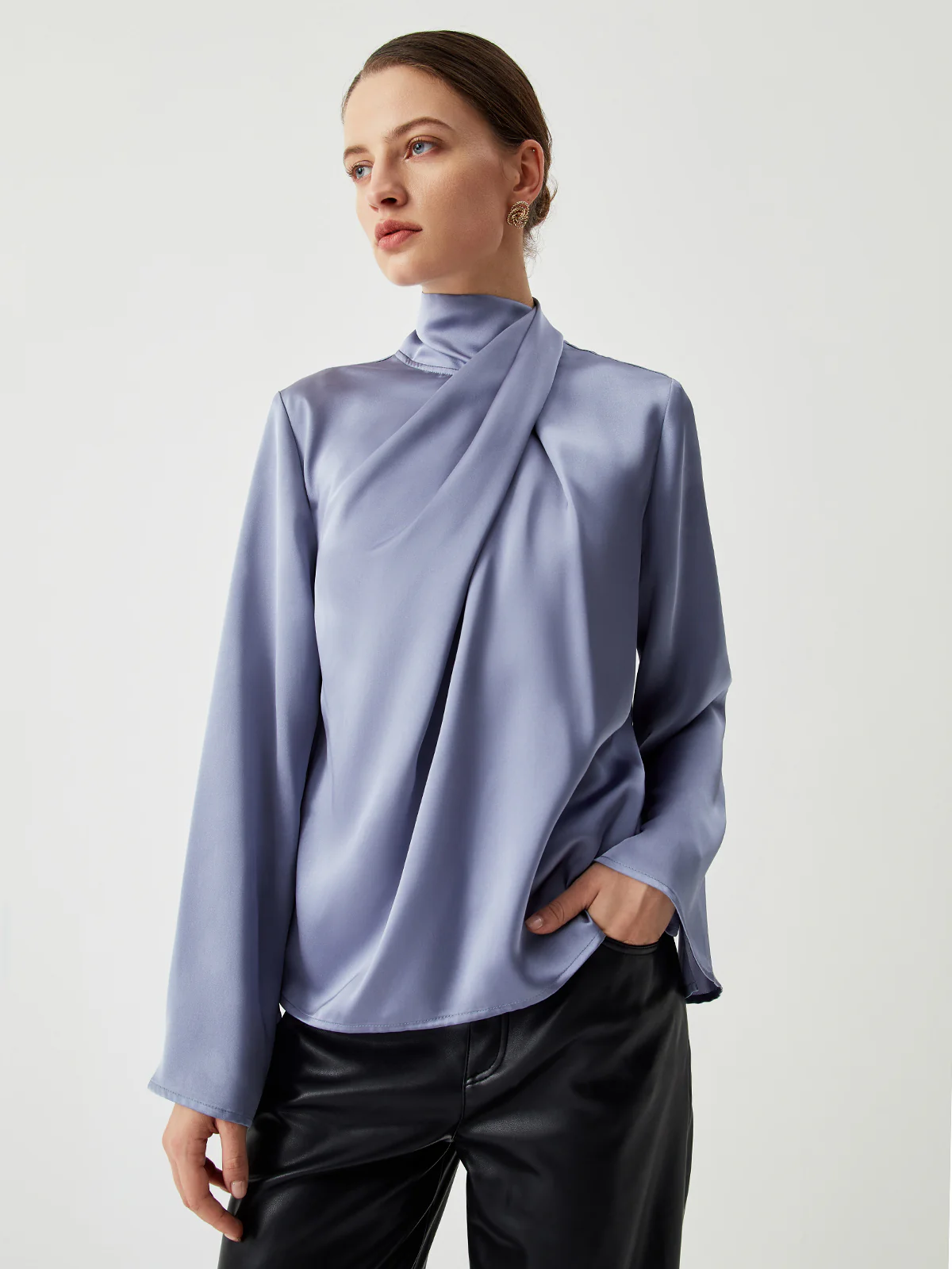 Asymmetric Pleated Turtleneck Satin Blouse - Image 6