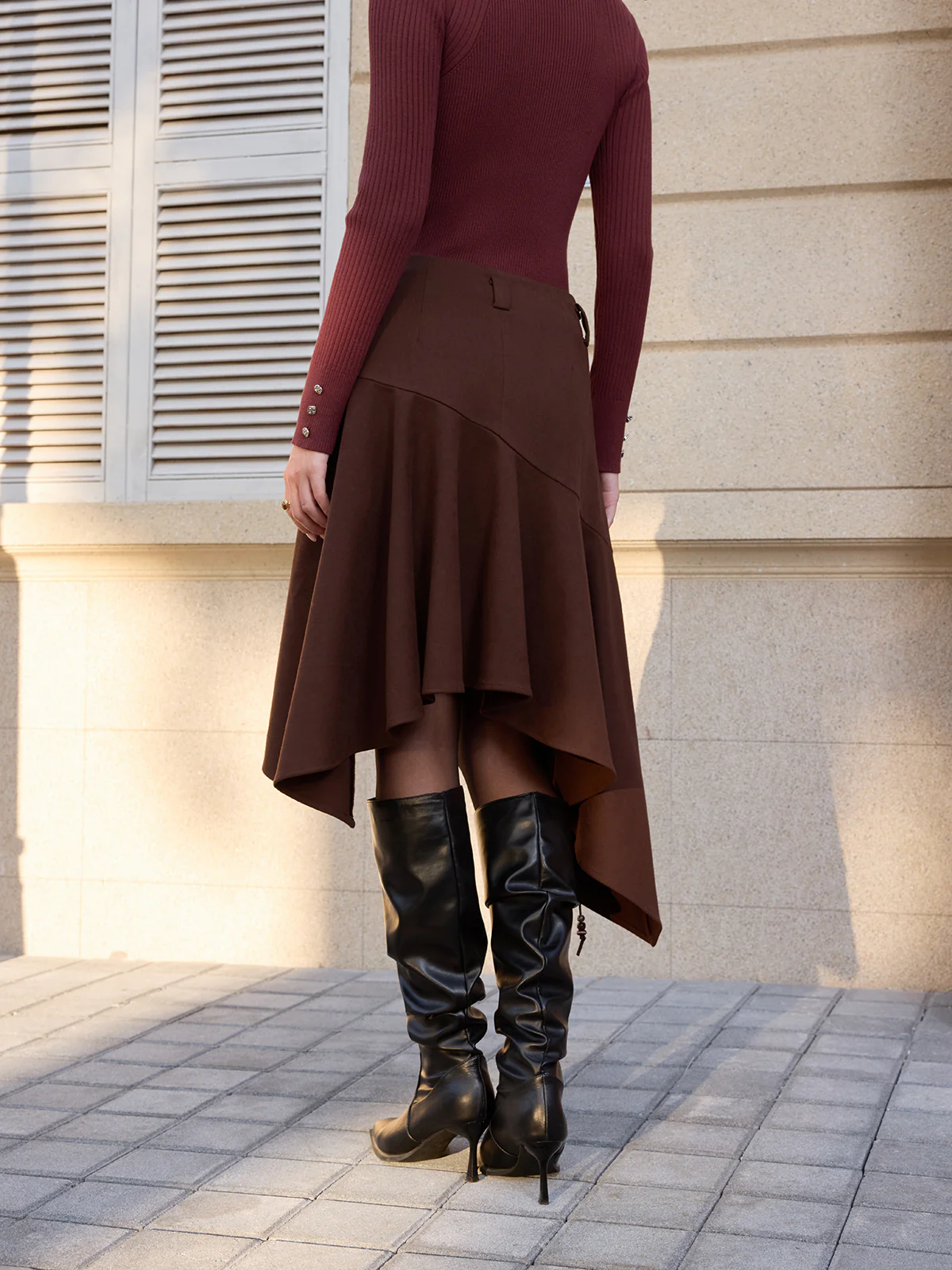 Asymmetric Ruffled Hem Suede Effect Midi Skirt - Image 6