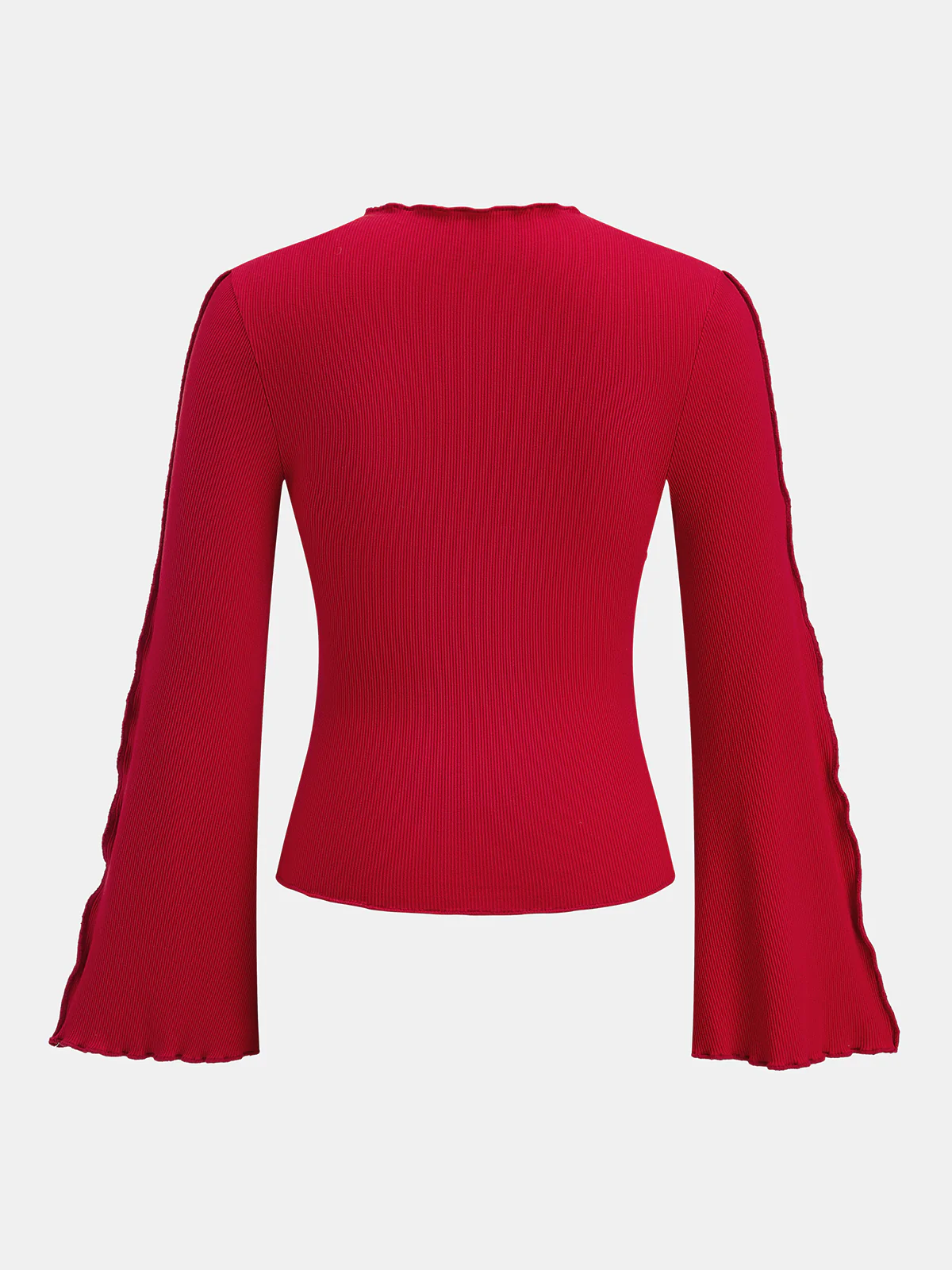 Asymmetric Seam Flared Sleeve Ribbed Knit Top - Image 2
