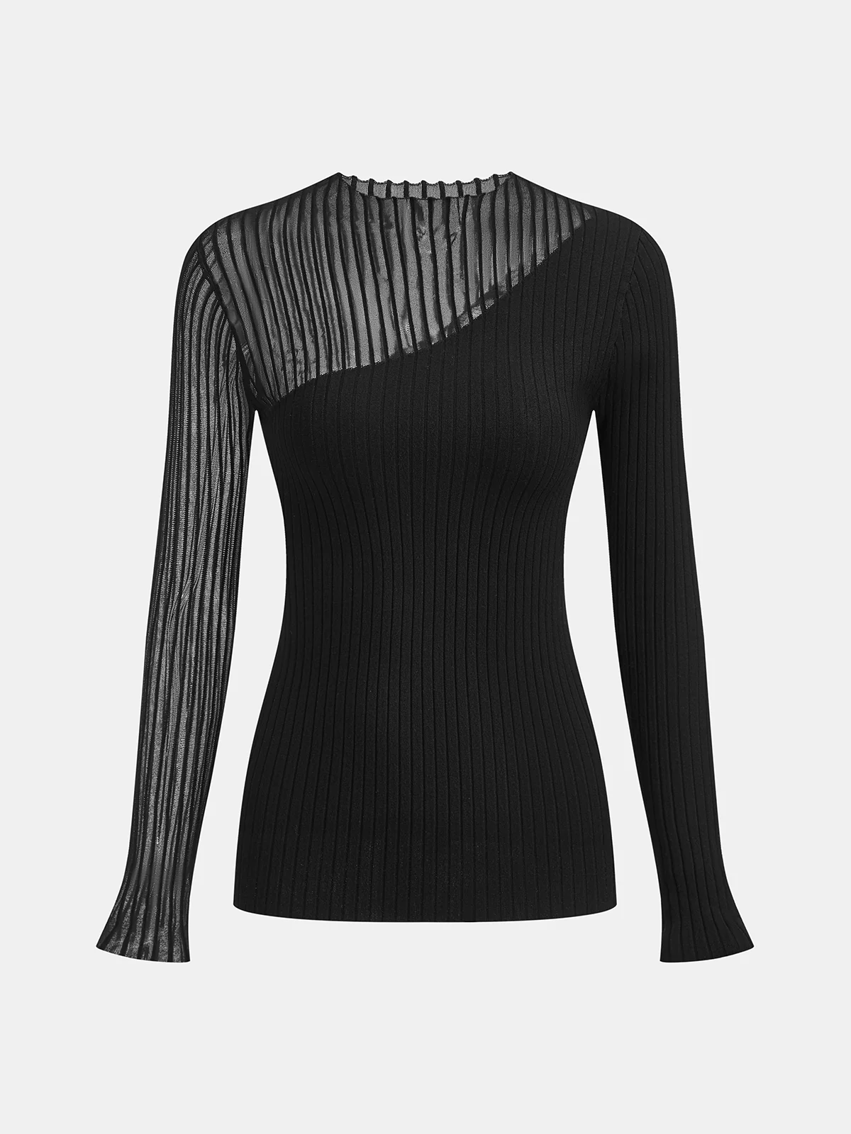 Asymmetric Sheer Mesh Panel Rib-Knit Top - Image 2