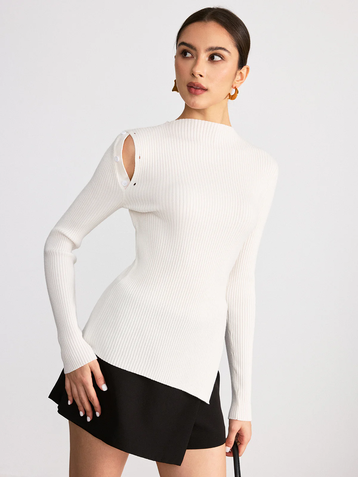 Asymmetric Slit Hem Ribbed Knit Top - Image 4