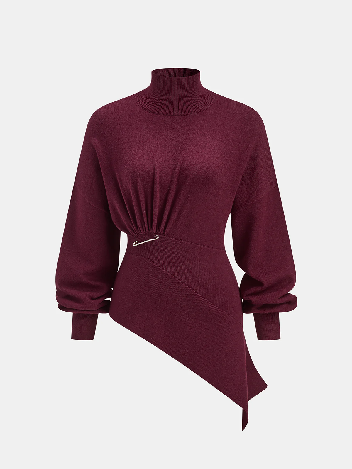 Asymmetric Turtleneck Knit Top with Safety Pin