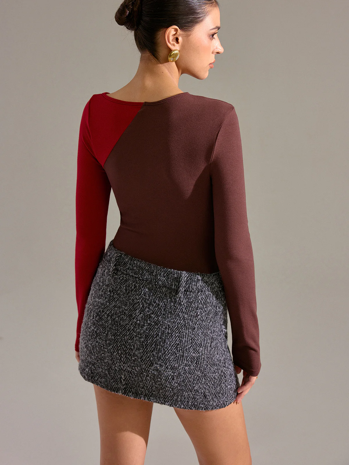 Asymmetric Two-Tone Cut-Out Long Sleeve Blouse - Image 2
