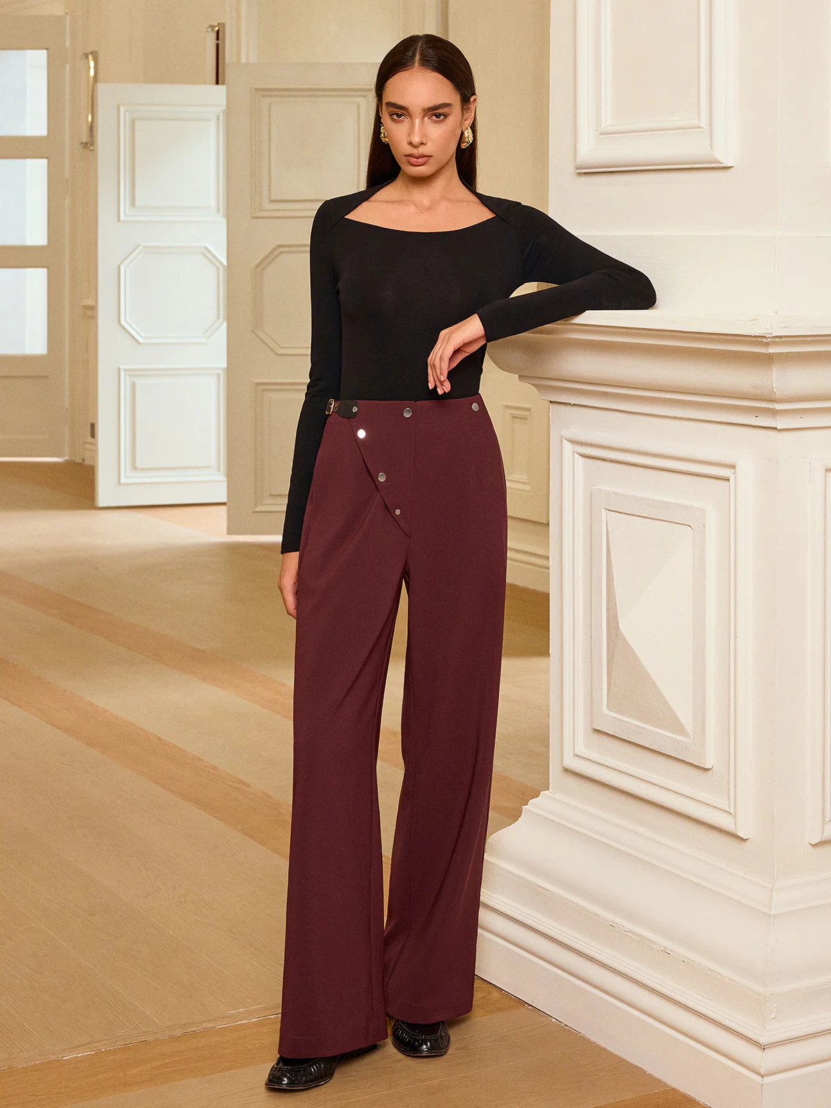 Asymmetric Waistband Straight-Leg Pants - Image 3