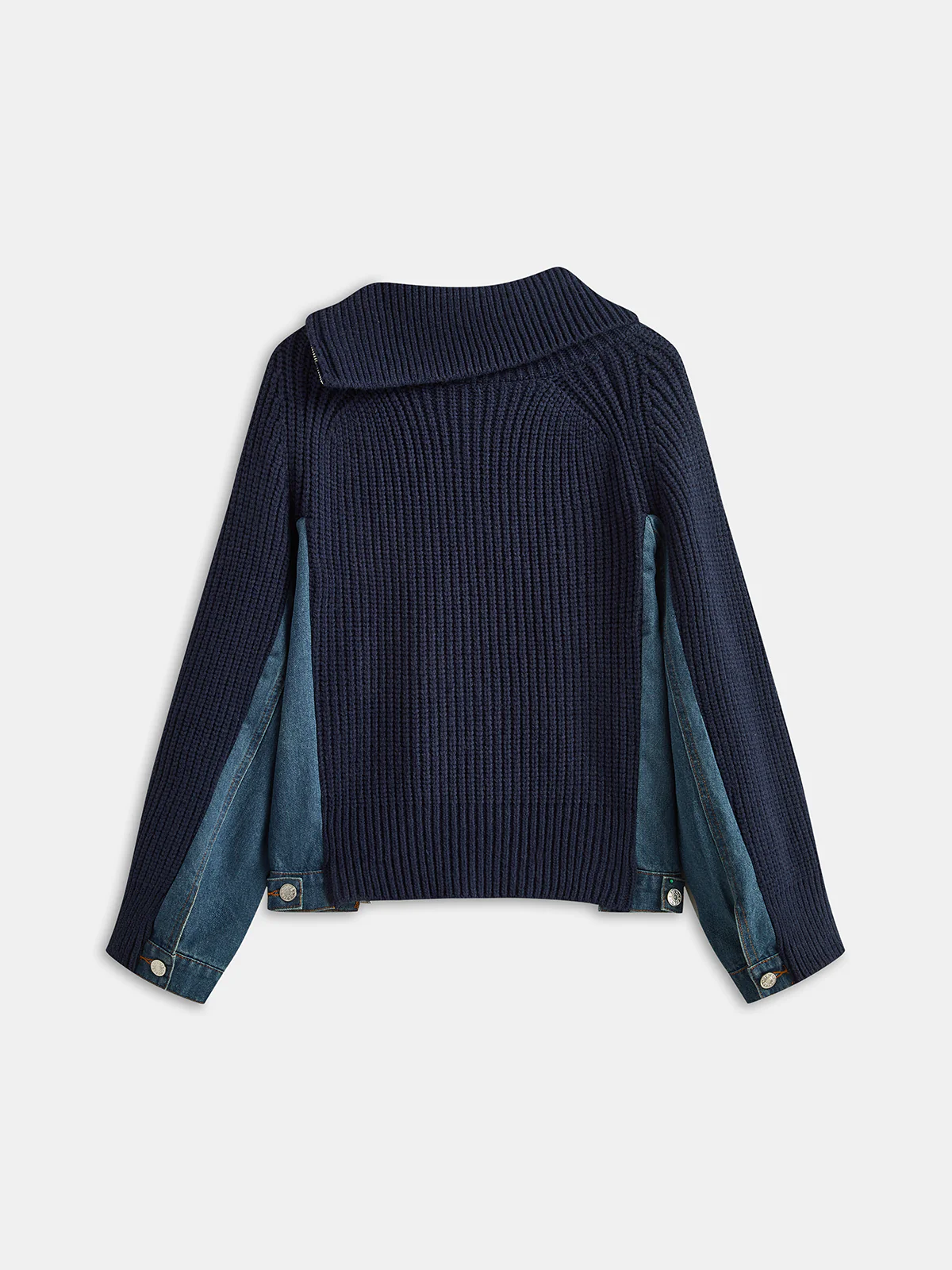 Asymmetric Zip Denim Panel Knit Cardigan - Image 2