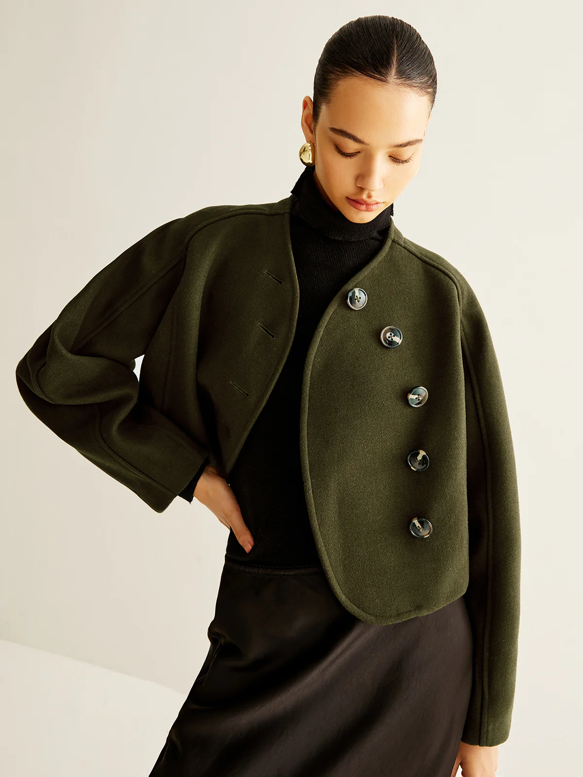 Asymmetrical Button Crop Tweed Coat - Image 3