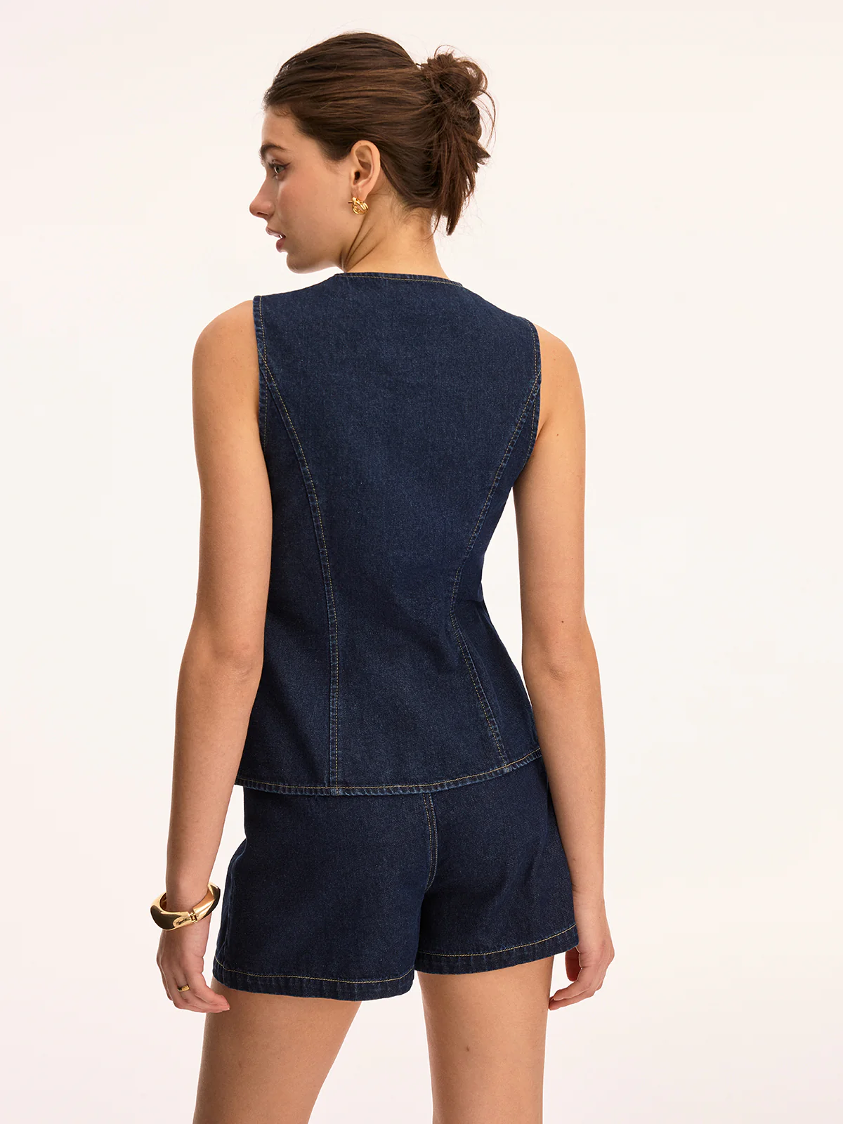 Asymmetrical Button Denim Vest & Shorts Set - Image 6