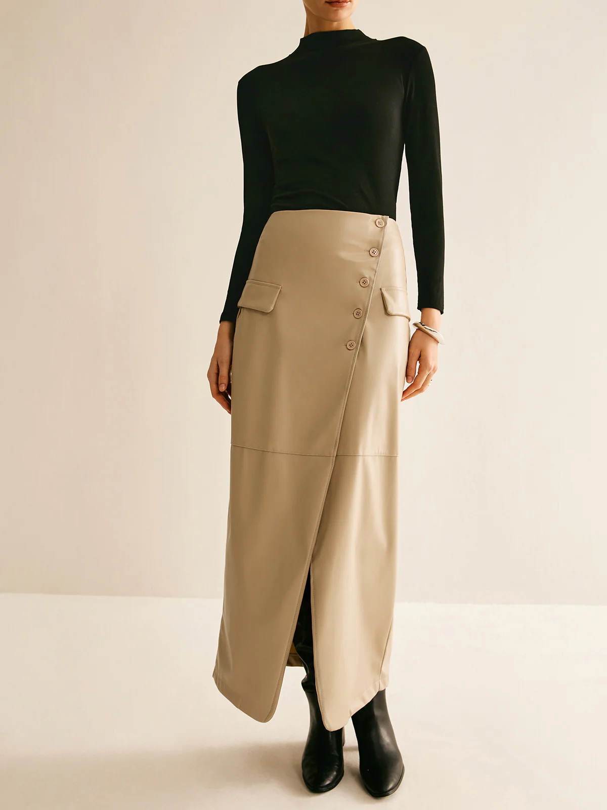 Asymmetrical Button Faux Leather Skirt - Image 3